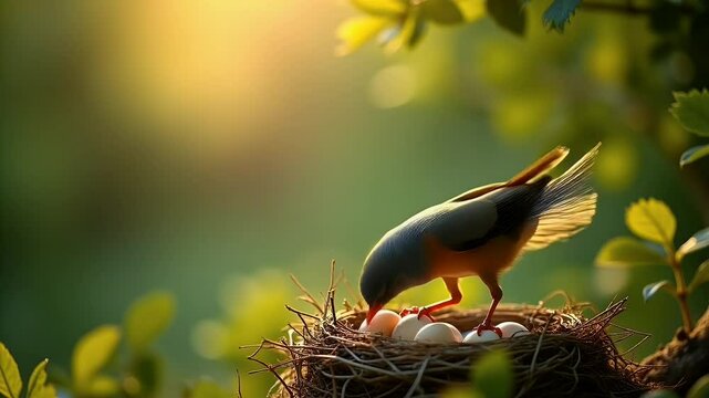 A small bird carefully watches over its nest filled with eggs nestled in nature