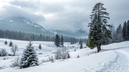 Snow covered mountain landscape with tall pine trees and cloudy sky, capturing the serene beauty of winter in a natural environment.