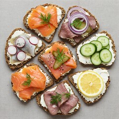 Nordic smørrebrød (open-faced sandwiches) with various toppings like smoked salmon, pickled herring, and roast beef on rye bread,