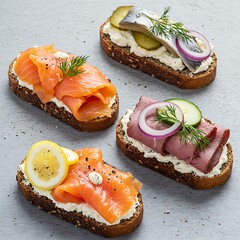 Nordic smørrebrød (open-faced sandwiches) with various toppings like smoked salmon, pickled herring, and roast beef on rye bread,