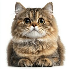 Fototapeta premium Cute fluffy brown tabby cat with big expressive eyes and detailed fur close-up portrait isolated on white background