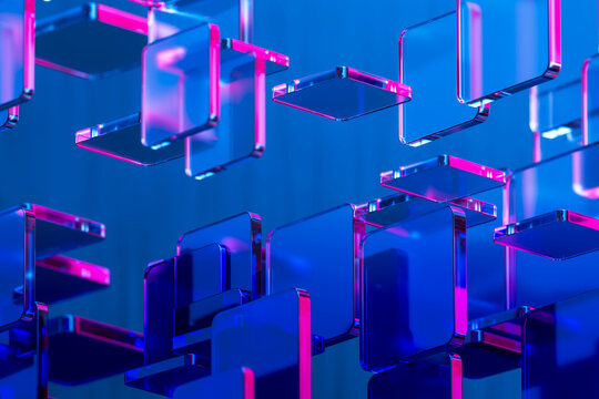 Glass Grid Structures Floating in a Digital Sky Background 3D