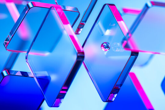 Glass Grid Structures Floating in a Digital Sky Background 3D