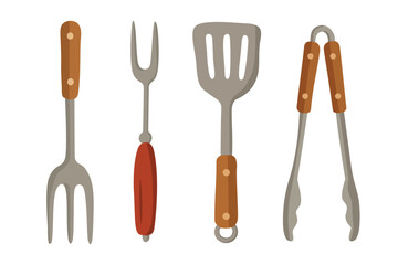 Flat barbecue tools clipart including fork, spatula and tongs with wooden handles on white background.