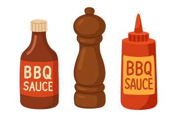 Cute barbecue condiments and spice clipart including sauce bottles and pepper grinder.