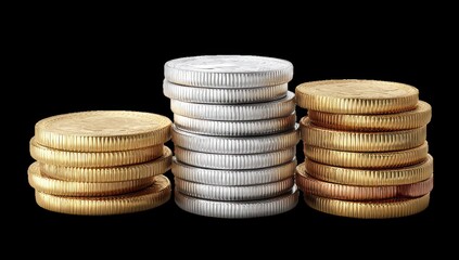 Three stacks of coins in gold, silver, and bronze