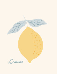 Vertical poster with lemon and leaves. Minimalist card with hand drawn lemon and leaves. Dolce vita aesthetic. Italian summer vacation. Vector illustration