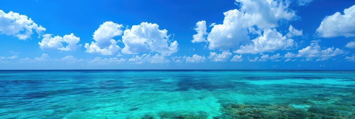 Stunning ocean horizon under blue sky and white clouds for world oceans day celebration. Horizontal banner. Copy space. World Water Day. World Hydrography Day. Vacation, travel concept