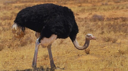 Large flightless bird with a long neck in the wild savannah