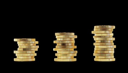 Gold coins stacked in three uneven, increasing heights against black