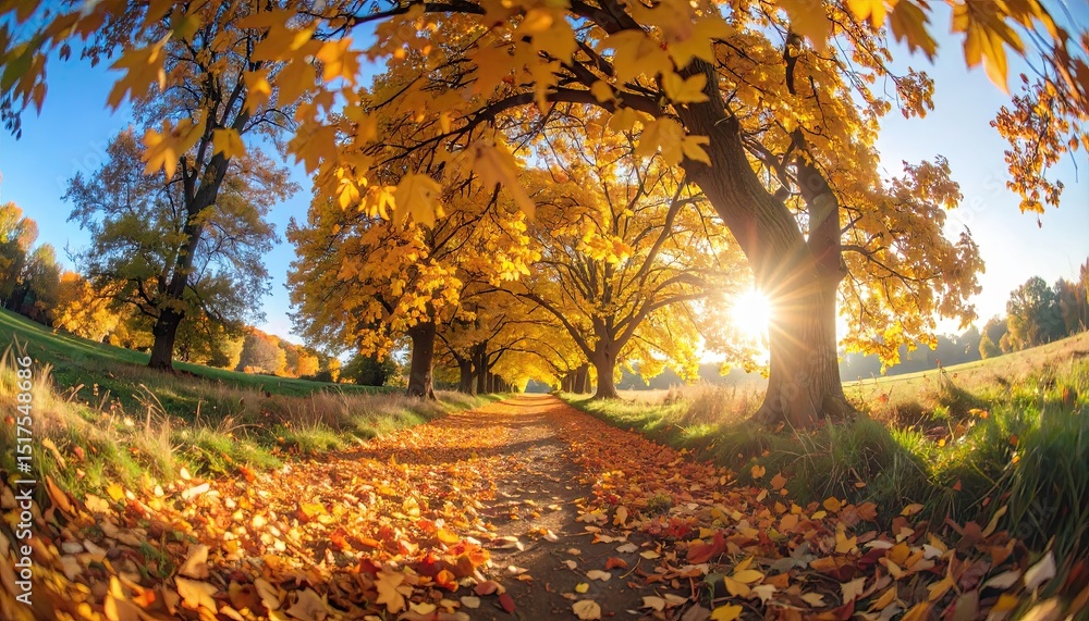 Poster vibrant autumn path lined with golden maple trees and fallen leaves, sunlight streaming through bran