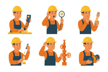 Petroleum engineer working with permeameter pipette pressure gauge wellhead equipment and pipeline PIG vector