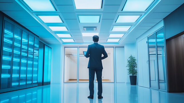 Businessman in a modern, high-tech corridor holding a tablet