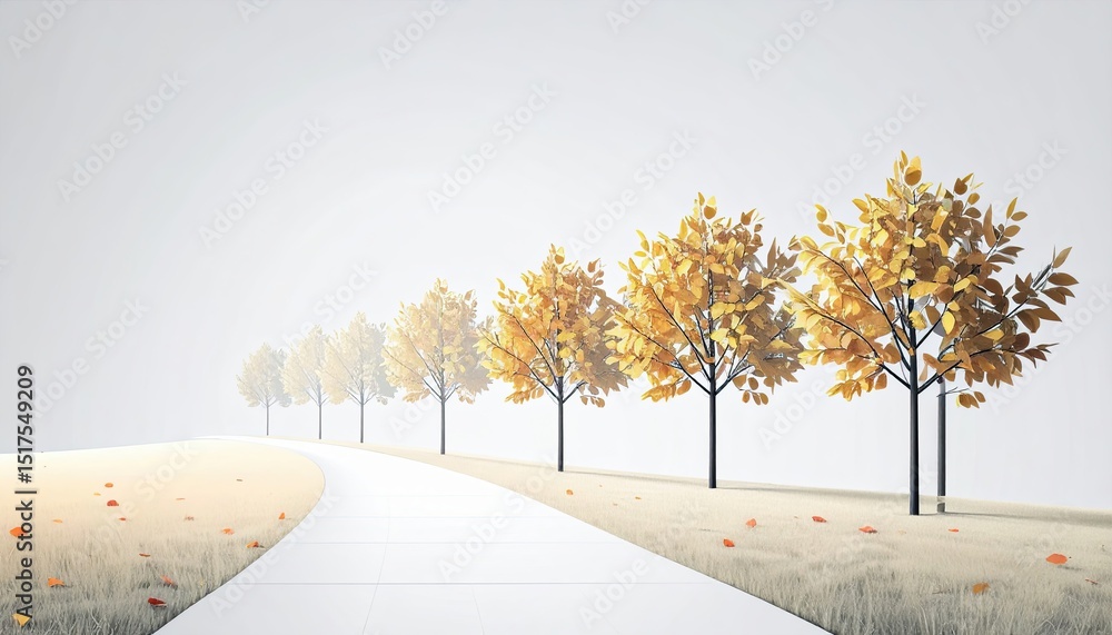 Poster autumn path lined with yellow-leaved trees in a serene landscape with a soft white backdrop and scat