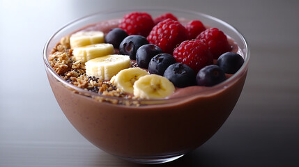 Chocolate Smoothie Bowl Topped with Fresh Berries and Banana Slices