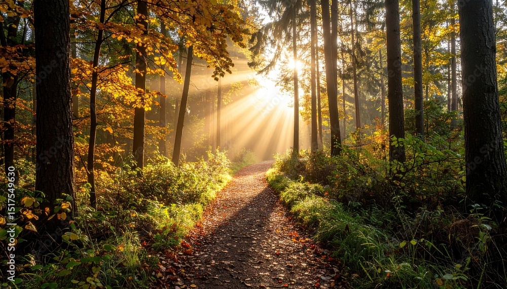 Poster serene forest path illuminated by sunlight filtering through autumn leaves, creating a tranquil atmo
