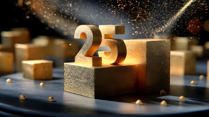 Golden Number 25 Sparkles on Cube Background for Celebratory Themes