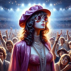 Captivating female performer radiating glamor and confidence at a lively concert with cheering fans.