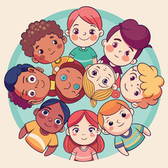 Happy cartoon family of four children with a baby smiling, having fun, and showing love friendship