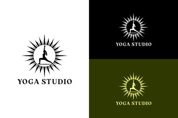 yoga pose woman standing inside a sunburst circle vector illustration, logo for yoga studio, exercise, therapy, mindfulness, mental health, workout, health, fitness, and more