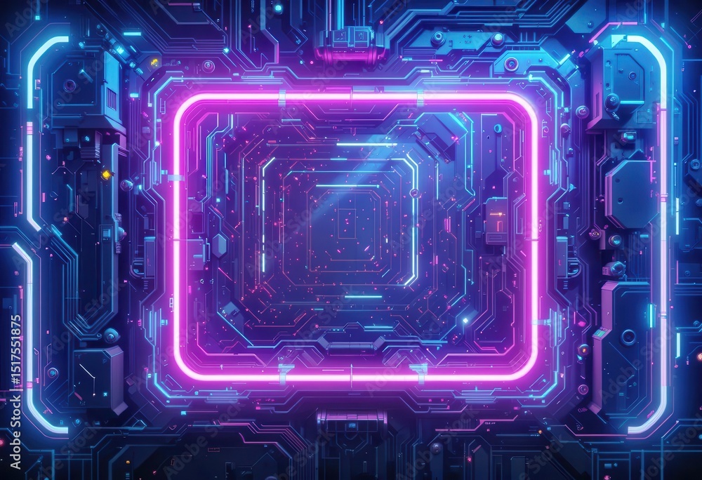 Aufkleber digital neon circuit design with glowing borders in a futuristic setting