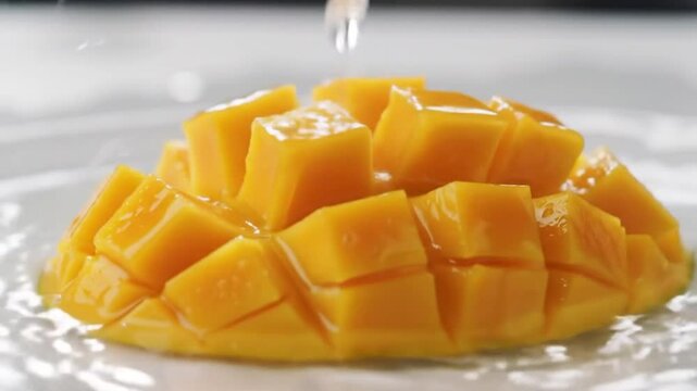 Water splash and mango. Shot with high speed camera, phantom flex 4K. Slow Motion.