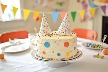 A birthday celebration featuring a homemade cake, hand-drawn banners, and personalized party hats