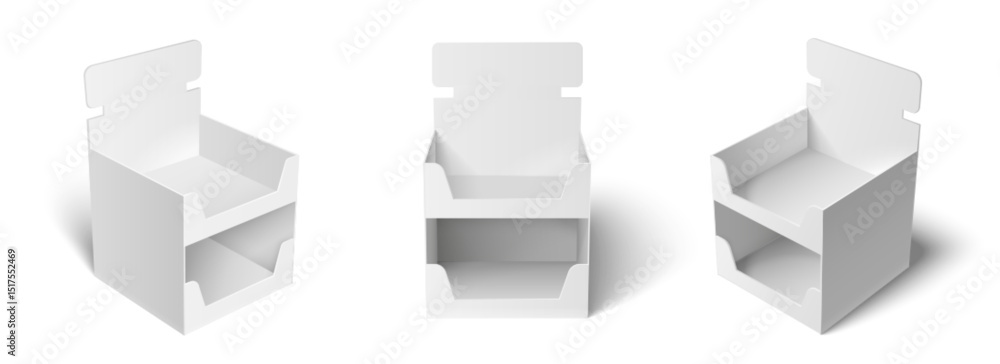 Poster white cardboard display stands, risers in various angles. blank pos poi mockups. empty product shelf