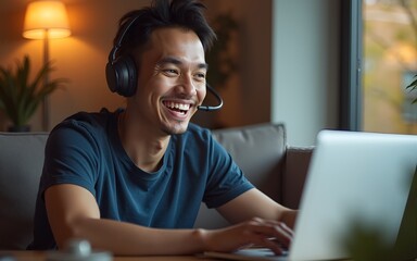 young man making a vlog, interacting with viewers, working from home, doing a live video chat. High quality
