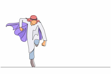 Single continuous line drawing running business hero. Arabian businessman in cape superhero actions running. Professional powerful superheroes. Success, leadership. One line draw graphic design vector