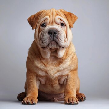 Adorable wrinkled Shar Pei puppy sitting on a plain background, cute and expressive face, young dog with loose skin and deep-set eyes, isolated animal portrait
