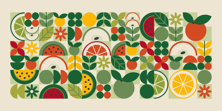 Green geometric fruit slices pattern with watermelon and lemon, lime, orange grapefruit. Colorful mosaic composition from circles, semicircles forms grid layout. Healthy food retro decorative vector