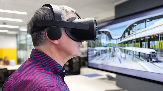 Person using virtual reality headset in a modern office setting