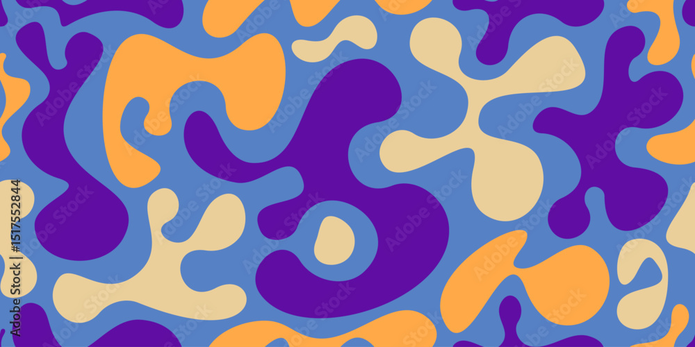 Poster funky liquid shapes pattern - colorful abstract organic forms on blue background. retro groovy blobs