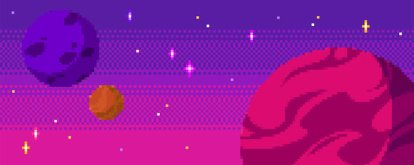 Plakat Pixel space background set - planets, stars and nebula clouds in vibrant colors. Retro 8 bit gaming sprites and pixelated cosmic elements. Minimalist aesthetic meshes for nostalgic galaxy game.