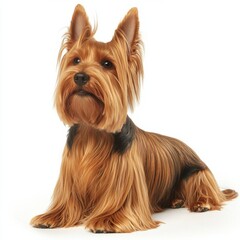 Adorable Yorkshire Terrier dog sitting on white background showcasing detailed fur and alert expression in a professional studio photograph