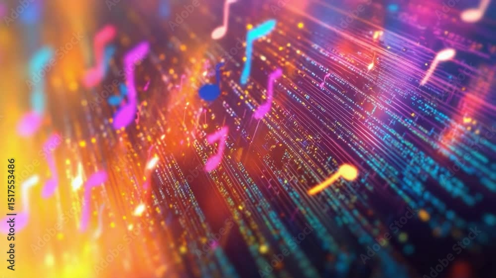 Poster digital symphony: a vibrant cascade of musical notes streams through a futuristic, digital landscape