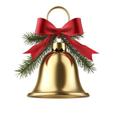 Gold bell ornament with red bow and pine branch festive holiday decoration