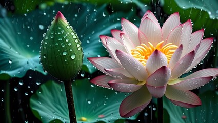 Flor de Loto Rosa y Capullo Bajo la Lluvia