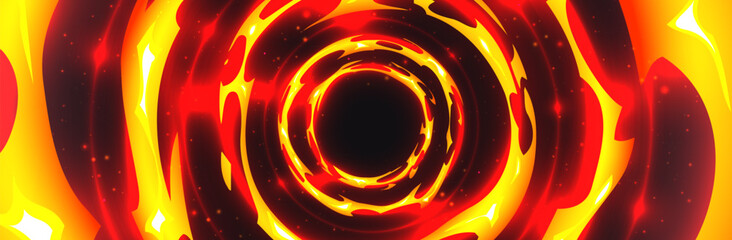 Abstract fire vortex background - swirling flames forming circular tunnel. Burning hot spiral, fiery twisting hole, blazing whirlpool. Dynamic motion effect of vivid red orange yellow colors on black.