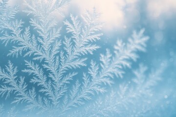 Frost patterns on glass creating winter abstract in blue and white