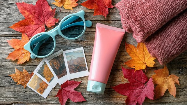 Autumn travel essentials flat lay with colorful maple leaves and instant photos - cozy fall adventure - Powered by Adobe