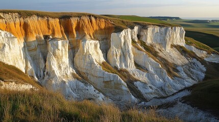 Colorful layered cliffs against a grassy landscape.