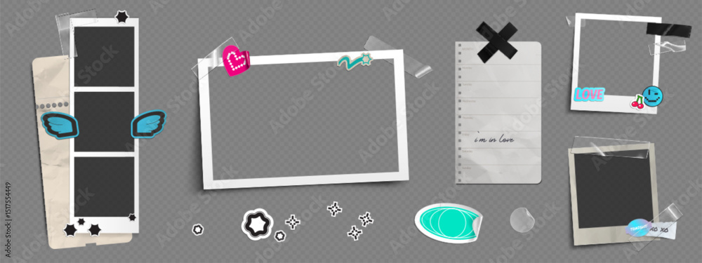 Poster y2k aesthetic photo frames mockup set - square and rectangular instant photography borders with tren
