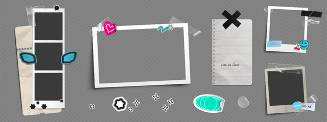 Fototapeta na wymiar Y2k aesthetic photo frames mockup set - square and rectangular instant photography borders with trendy 2000s stickers - stars and hearts, smiling face and wings. Retro scrapbooking photograph template