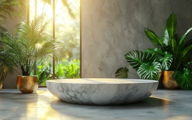 Modern, minimalist, marble pedestal display in a sunlit room.