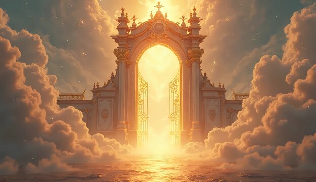gate to heaven after life. Heavenly gate with magnificent architecture with clouds surrounding it. Generate AI
