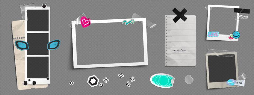 Y2k aesthetic photo frames mockup set - square and rectangular instant photography borders with trendy 2000s stickers - stars and hearts, smiling face and wings. Retro scrapbooking photograph template