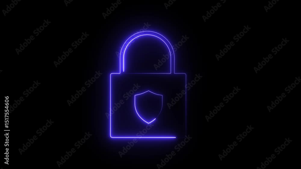 Poster padlock logo animation with neon glowing lines for cyber security, tech branding, and secure login s