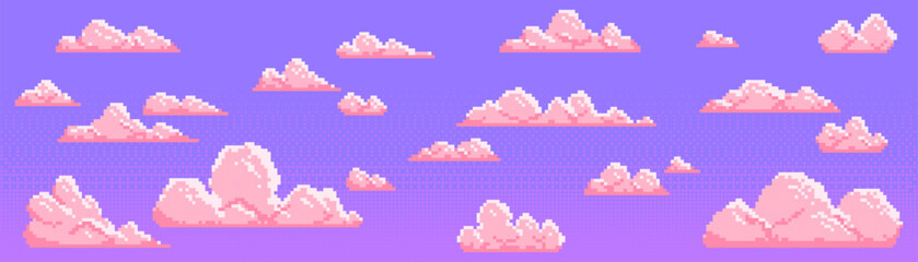 Pixel art clouds set for retro 8 bit video game design - cute pink fluffy sky elements collection on purple bg. Cartoon bubbly pixelated heavenly environment assets. Old school arcade level landscape.